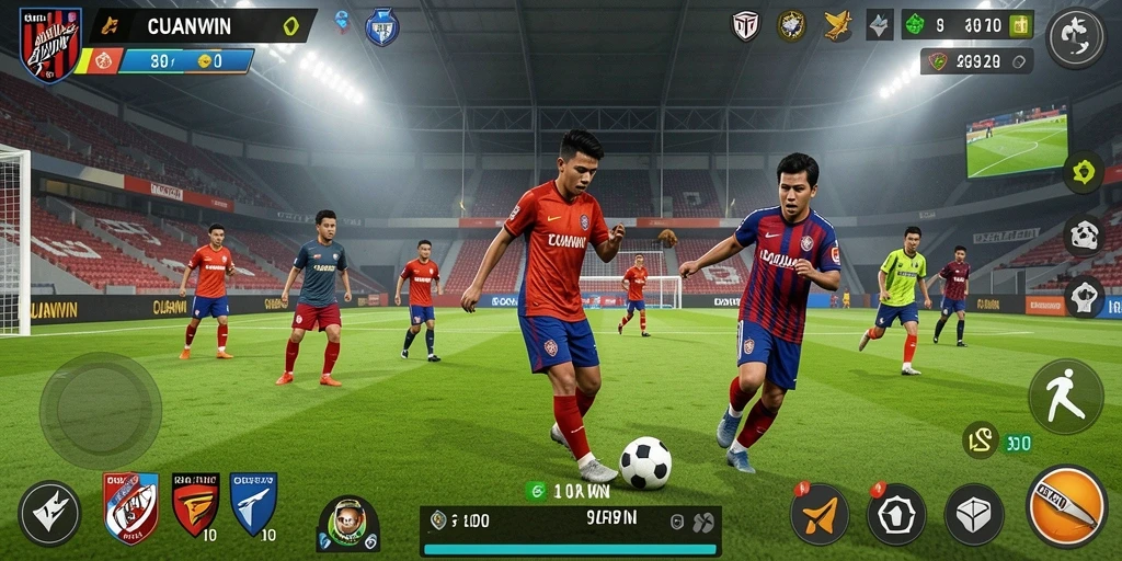Tangkapan layar gameplay <strong>CUANWIN</strong> menampilkan aksi seru di lapangan sepak bola.