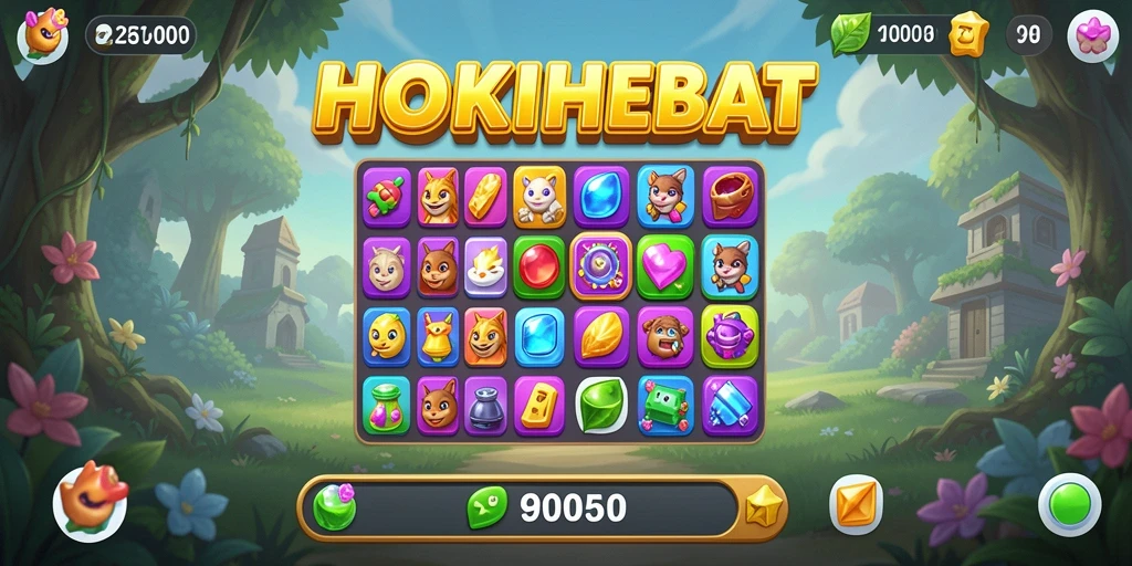 Tampilan gameplay HOKIHEBAT dengan warna cerah dan tantangan Match-3.