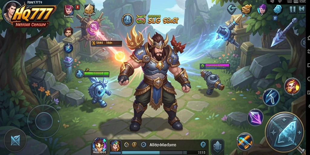 Gambaran gameplay HQ777 dengan elemen pembangunan dan strategi.