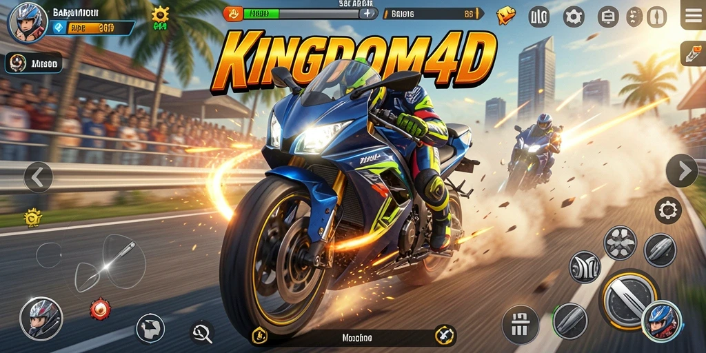 Screenshot gameplay KINGDOM4D menunjukkan balapan motor yang seru dan mendebarkan.