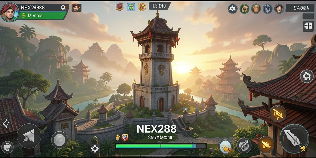 Tampilan gameplay <strong>NEX288</strong> yang mendebarkan dengan menara pertahanan dan serangan musuh.