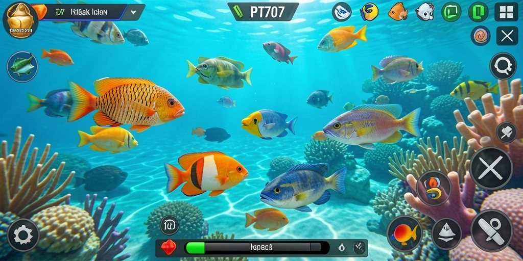 Screenshot utama PT707 yang menunjukkan aksi seru Tembak Ikan.