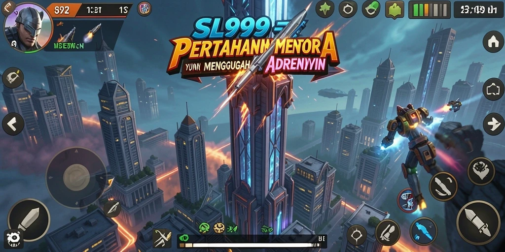 Gameplay intens SL999 dalam mempertahankan menara dari serangan musuh.