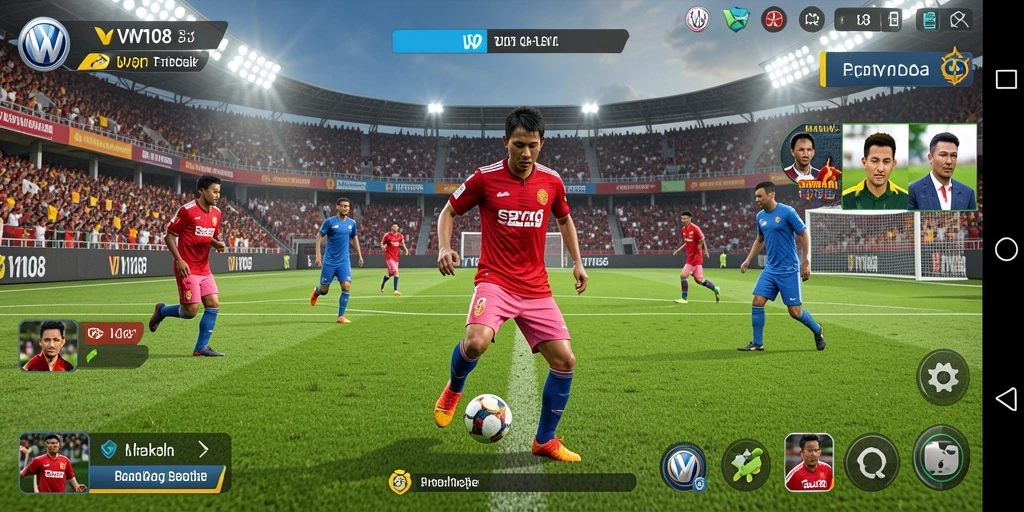 Tampilan screenshot VW108 dengan aksi menyerang di lapangan sepak bola.
